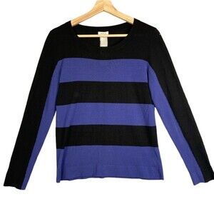 AKRIS PUNTO Black & Royal Striped 100% Wool Lightweight Sweater Size US 12